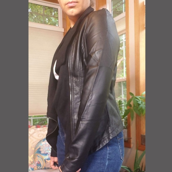 Black Faux Leather & Knit Asymmetric Jacket - Picture 4 of 5